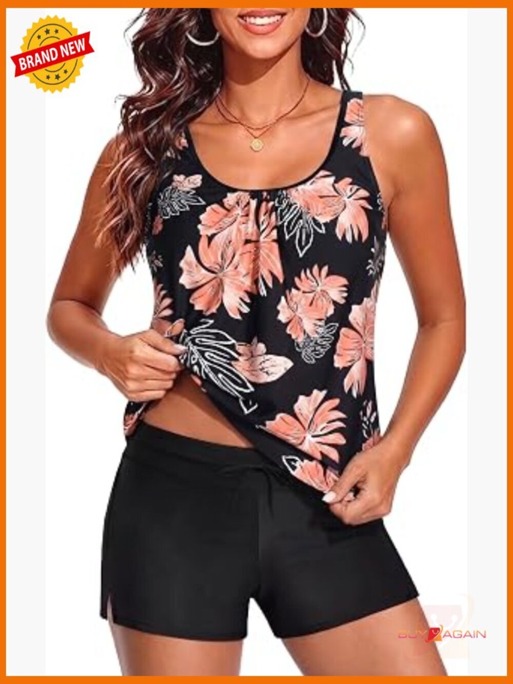 2 Piece Tankini Set Blouson Top with Shorts Modest Swimwear